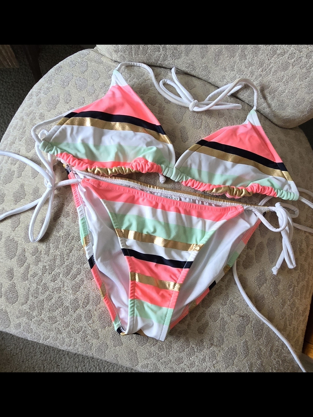 VENUS Swimwear Coral, Mint, Balck & Gold Stripe Tie Bikini Set, NWOT